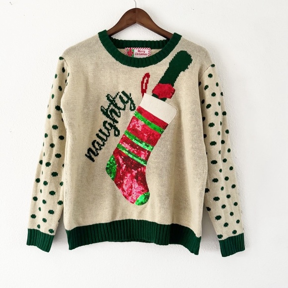 Knit Christmas Sweater Sequins Ugly Sweater Funny Naughty Xmas Wine Top Sz Small - Picture 1 of 10